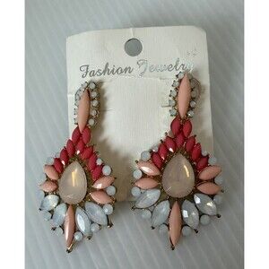 Vtg Fashion Jewelry Chandelier Earrings Pierced Pink White Costume Dangle Drop